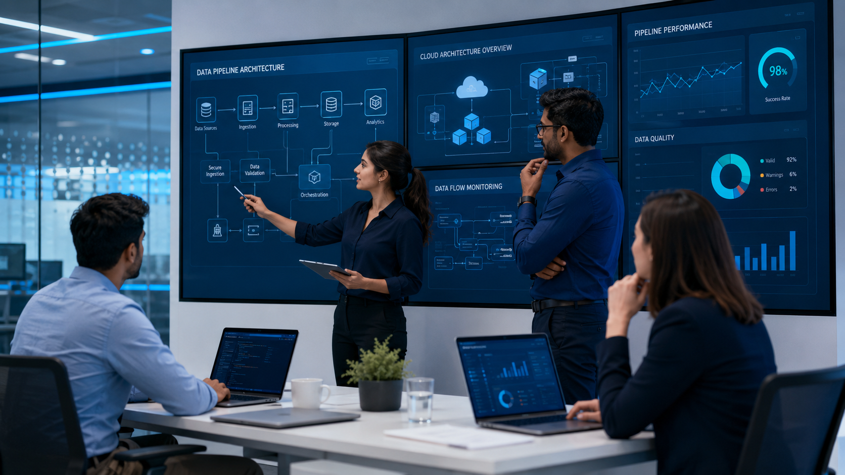 Data consultants reviewing pipeline architecture and dashboards
